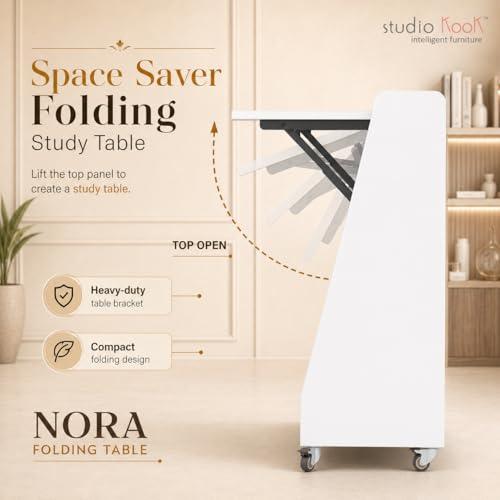 Image of Studio Kook Nora Folding Table (Study Table, Multipurpose Desk with Wheels, Engineered Wood, Matte Finish) (Moonshine White)