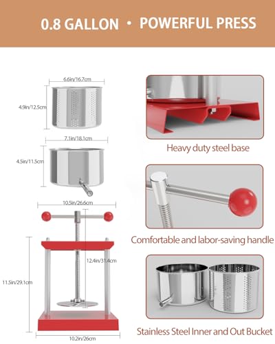Image of 0.8 Gallon Manual Press - Stainless Steel Fruit & Vegetable Squeezer with Filter Bag - Upgraded 3L Capacity for Honey, Cheese, & Plant Infusions - Home Batch Soft Fruit Juicer & Herb Press