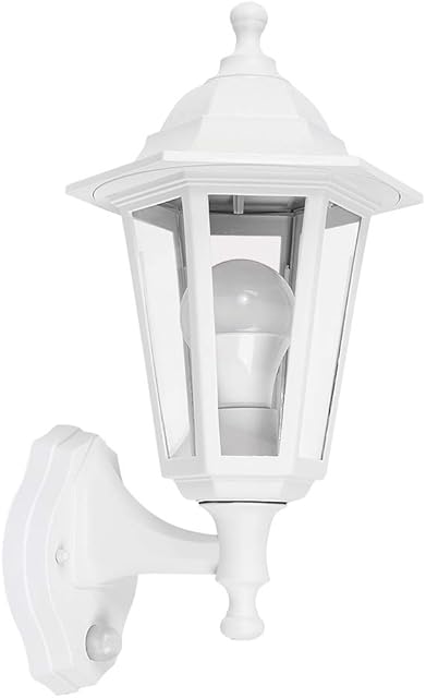 MiniSun Traditional Victorian Style Matt White Outdoor Garden Security IP44 Rated Wall Light Lantern - Featuring an Integrated PIR Motion Detector Sensor - Complete with 1 x 6w LED ES E27 Bulb