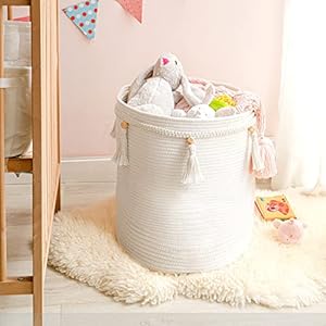   Mkono-Macrame-Decorative-Cotton-Rope-Basket-Boho-Cute-Woven-Tassel-Tall-Basket-Closet-Storage-Bins-Organizer-for-NurseryBaby-Toys-Potted-Plants-CoverLiving-RoomBedroom-Home-Decor-157x-196