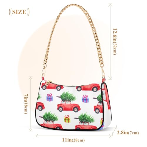 Red Vintage Cars Christmas Trees Tote Handbag Womens Colorful Shoulder Bag Zipper Hobo Clutch Purse with Chain Strap3