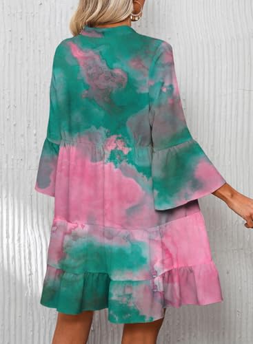 Image of Summer Dresses for Women 2026 Flowy Ruffle 3 /4 Sleeve V Neck Tiered Casual Babydoll Boho Beach Mini Dress