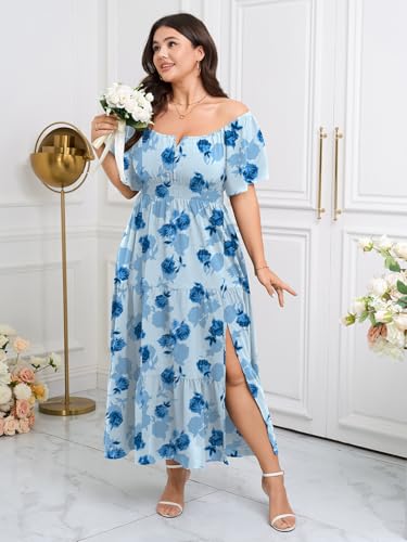 Image of SCOMCHIC Womens Plus Size Maxi Dress Formal Short Sleeve Square Neck Smocked Side Split Flowy A Line Tiered Long Dress