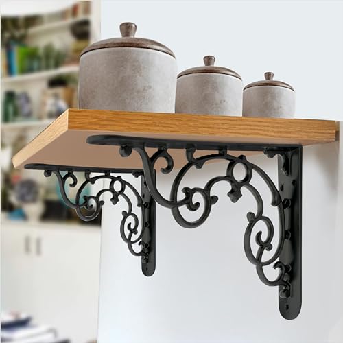 Image of Metal Handcrafted Shelf Bracket for Floating Shelves, L Angle Decorative L Shaped Corner Brace Joint Heavy Duty Wall Mounted Shelf Supporter, Corner Brace Holder | (Pack of 1 Pair, Black)