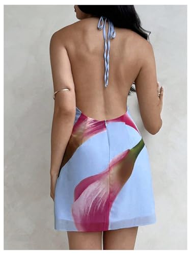MakeMeChic Women's Floral Halter Backless Dress Ring Sleeveless Summer Mini Dresses2