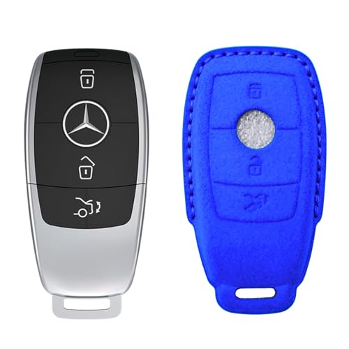 Image of KMH Alcantara Car Key Cover Compatible with Mєrcєdєs W205, E320L, C200, C180, C260, C300 Series Model 3 Buttons Shell Case Holder Full Key Protector Smart Keycover, Blue - Pack of 1