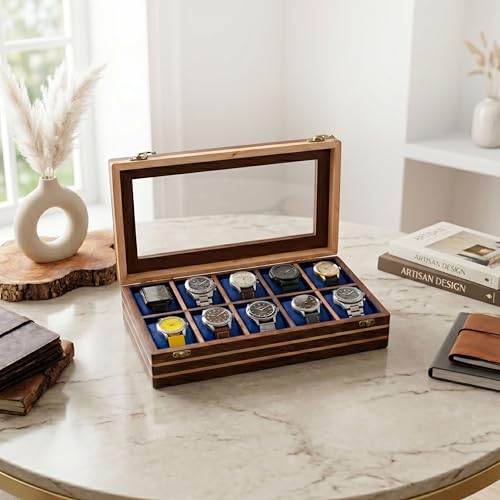 Image of Mens watch box, Watch display case, Indian Rosewood watch box organizer for men, Velvet lining glass lid, Solid Gift for Him, Made for Special Occasions (Dark brown - 10 room - 2)