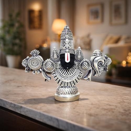 Image of Gold Art India Lord Venkateswara Balaji Idol | Silver-Plated Antique Matte Finish | 3.5 x 4.2 inch | Tirupati Balaji Statue for Home Mandir, Office & Gift Purpose