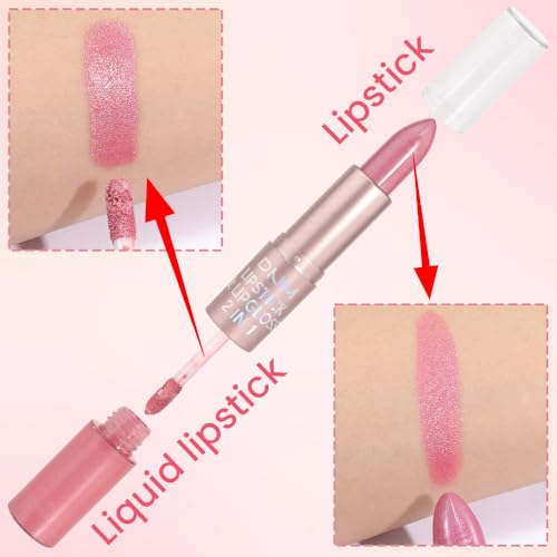 Image of evpct 2 in 1 Light Pink Glitter Metallic Shimmer Diamond Lipstick and Lip Gloss Set for Women Long Lasting Waterproof, Bright Rose Pink Sparkle Glitter Shiny Lipstick and Lip Liner Makeup set, 01#