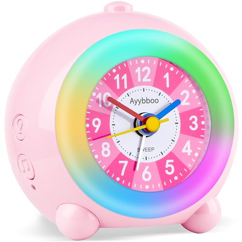 Ayybboo Despertador Analógico Infantil Silencioso para Niñas Niños,Sin Tic Tac con Luz Nocturna Colorida,Repetición,6 Tonos de Llamada,Volumen Ajustable,Despertador Educativo para Principiantes (Rosa)