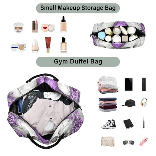 Skull Purple Roses Travel Duffel Bag, Gym Bags with Multiple Interior Pockets for Men Women Toiletry Purse Included 20.5”x 1.9” x 13.8”4