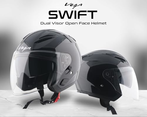 Image of Vega VO 03 Swift Dual Visor Open Face Motorcycle Helmet with Aerodynamic Lightweight Shell, Shock-Absorbing Interior, Comfortable Fit, Trendy Black Finish Black XL