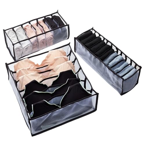 3個セット 下着オーガナイザー、ブラジャー収納オーガナイザー、引き出し仕切り収納オーガナイザー メッシュコンパートメント収納 下着、靴下、ブラジャー用 (Black)