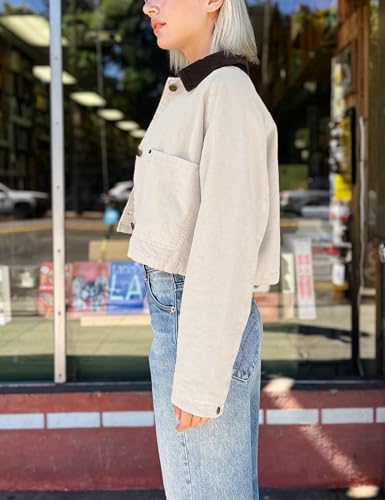 APAFES Women's Cropped Barn Jacket Corduroy Collar Button Down Long Sleeve Short Coat with Pockets3