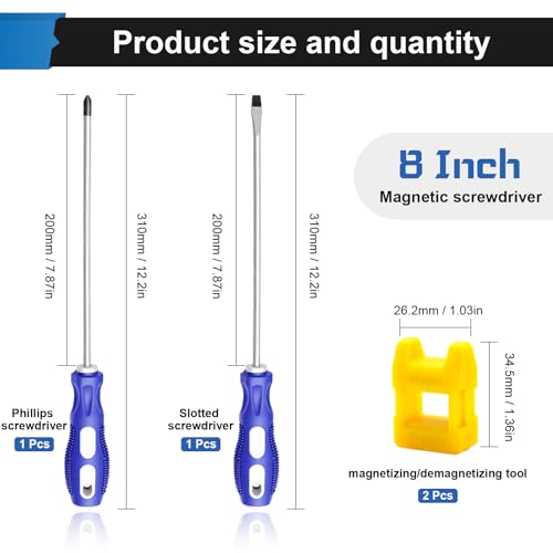 Image of smseace 2-Pack 8 Inch Slotted & Phillips Screwdriver Set, Long Phillips & Flat Head Magnetic Screwdriver with Rubber Handle include Magnetizer Demagnetizer
