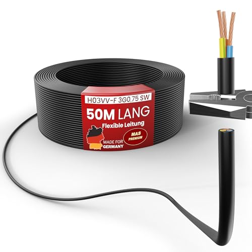 MAS Premium Von 5 bis 100m Kunststoffschlauchleitung H03VV-F 3G0,75 Schwarz oder Weiß Flexible Leitung Kabel Leitung Gerätekabel (Schwarz, 50m)
