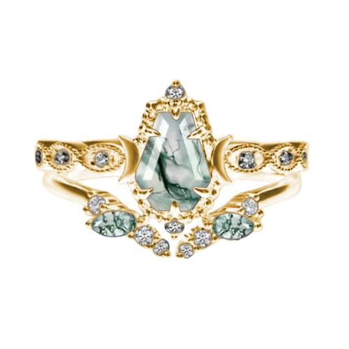 1-4 CT Black Gold Moss Agate Ring Set for Women, 10K 14K 18K Gold/925 sterling Silver Nature Inspired Agate Ring Unique Leaf Bridal Wedding Ring Sets Gift for Bride Wife Mom 6