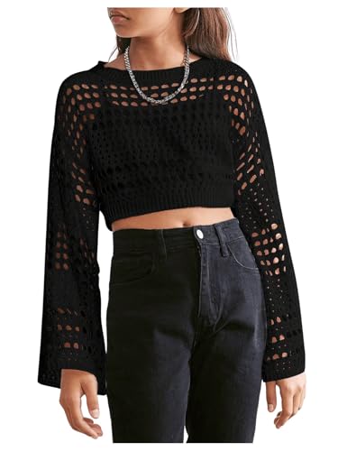 Image of RoseSeek Girl's Hollow Out Knitted Crop Sweater Long Sleeve Crew Neck Drop Shoulder Sheer Pullovers Knitwear