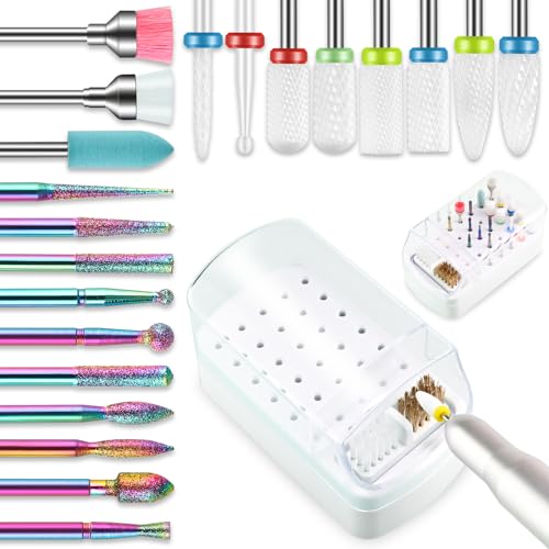 21pcs Nail Drill Bits Sets with Nail Drill Holder Case, 3/32 Inch Cuticle Electric Nail File & Ceramic Acrylic Gel Nail Bit Kit, Carbide Cuticle Remover Bits for Manicure Pedicure, Home Salon