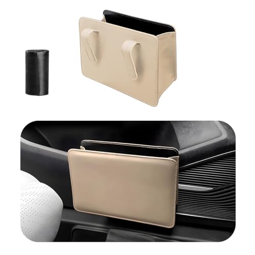 Yourkar Car Trash Can, Foldable Waterproof Leather Car Garbage Organizer Holder, Automotive Mini Dustbin Container with One Roll Trash Bag, Universal Interior Car Accessories (Beige)