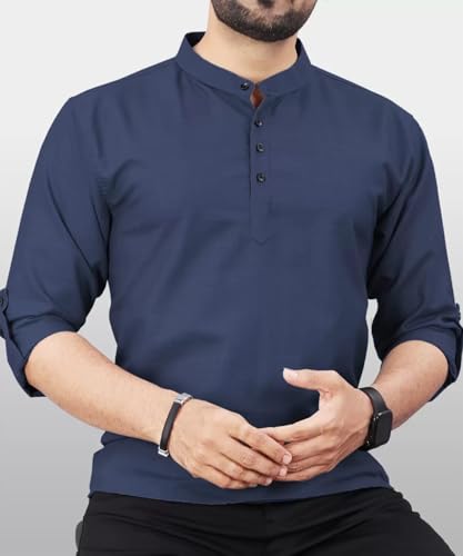 Image of DEEMOON Men's Regular Fit Solid Sprad Collar Casual Shirt with a Trendy Mandarin Collar Crafted from a Premium Cotton Blend