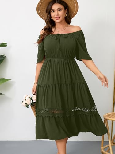 Image of RWJ Women's Plus Size Maxi Dress Short Sleeve Square Neck Flowy A-Line Lace Trim Flutter Party Casual Off Shoulder Dresses