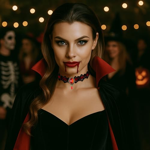Red Choker, Halloween Vampire Lace Choker Necklace for Women, Vintage Royal Court Gothic Jewelry for Halloween Costumes, Rhinestone Choker, N03C2