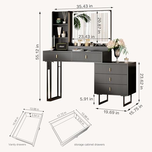 Large Vanity Desk with 3 Color Touch Screen Dimming Mirror, Vanity Desk with Charging Station, Modern Retractable Makeup Dressing Table, Makeup Table With storage shelves and 5 Sliding Drawers, Black