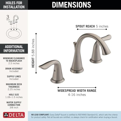Delta Lahara Brushed Nickel Bathroom Faucet 3 Hole, 8 Inch Widespread Bathroom Sink Faucet for Vanity, Metal Push-Pop Drain Assembly, Stainless 3538-SSMPU-DST by DELTA - Used condition - Image 4