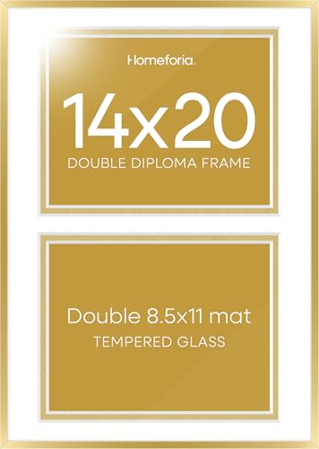Image of Homeforia 14x20 Double Diploma Frame Gold, High End Metal 14 x 20 Certificate Frames with Mat for Two 8.5x11 inch Diplomas, 20x14 Dual Award Graduation Matted Frame, Tempered Glass, Wall Kit, Set of 2