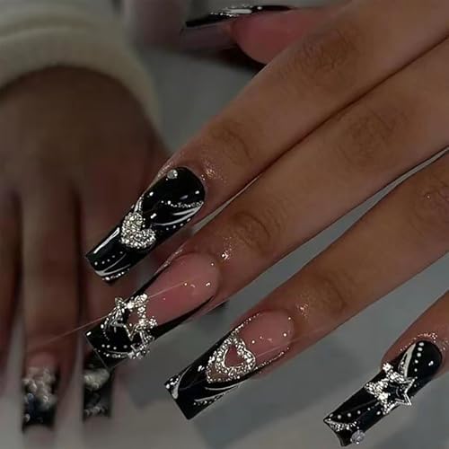 Square Press on Nails Long Fake Nails Black French Glue on Nails Glitter 3d Heart Rhinestone Design Acrylic Nails Squoval False Glue on Nails for Women and Girls 24 Pcs