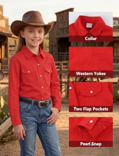Image of Noomelfish Girls Long Sleeve Western Pearl Snap Button Down Shirt Cowgirl Outfits Blouse Tops (5-14 Years)