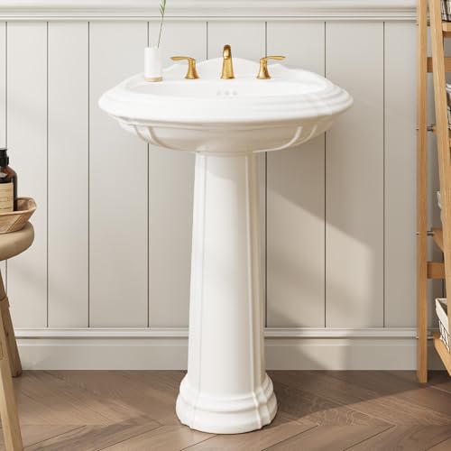 20 x 26 Inch Bathroom Pedestal Sink, Classic Freestanding Ceramic Sink with Overflow Hole, Vintage White Bathroom Sink with 3 Pre-Drilled Holes for 8 Inch Faucets