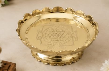Image of Brass Shree Yantra Lotus Stand | Decorative Brass Yantra for Pooja Temple Home Office and Spiritual Decor | Lotus Base Design (7 Inches)