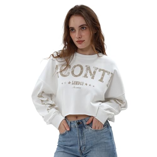 Amazhiyu Womens Cropped Hoodie, Long Sleeve Oversize Printed Crewneck Sweatshirts, Pullover for Fall Spring UK White M