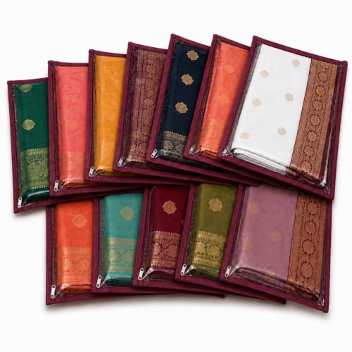 Image of Non-Woven Saree Cover Bag Set of 12 with Transparent Window & Smooth Zipper | Maroon Wardrobe Organizer for Sarees, Dresses, Lehengas & Ethnic Wear | Reusable Storage Bags
