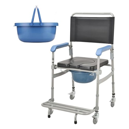 Silla De Ruedas con Inodoro, Silla De Baño Plegable con Reposabrazos, Ruedas Traseras con Bloqueo Y Reposapiés, Altura Ajustable En 4 Niveles, Capacidad De Peso De 150 Kg, para Uso Doméstico