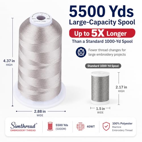 Image of Simthread 5500Yds /5000M 40WT Polyester Embroidery Thread Powder Gray S103 | High-yardage 5000M spool offers smooth feeding and stable 40WT polyester thread for home and commercial embroidery machines.