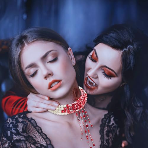 Blutige Perlenkette Damen Accessoires mit Verstellbarer Blut Halskette, Perlenkette Blut mit Quasten, Blutketten für Karneval Fasching Kostüm Party
