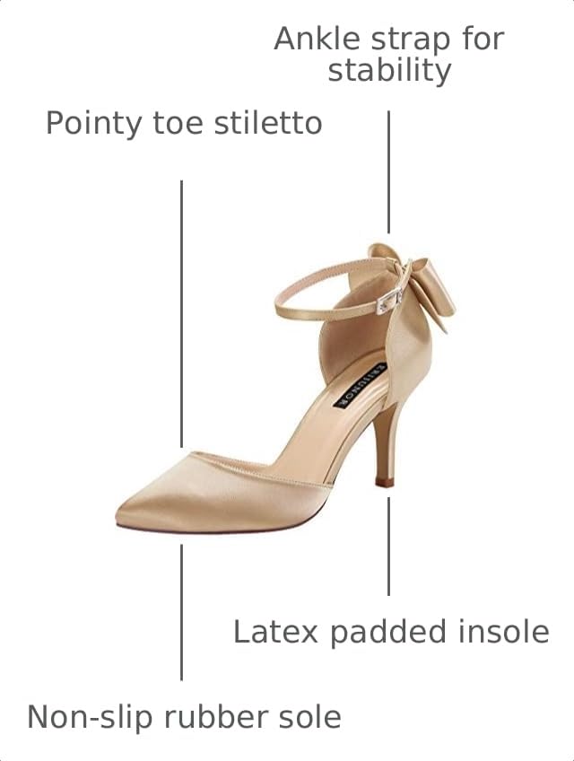 Image of ERIJUNOR Wedding Evening Party Shoes Comfortable Mid Heels Pumps with Bow Knot Ankle Strap Wide Width Satin Shoes