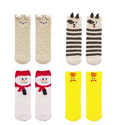 4 Pairs Women Warm Super Soft Plush Slipper Socks, Cartoon Animals Slipper Socks, Fluffy Socks For Women, Winter Warm Fuzzy Socks, Colorful Microfiber Crew Socks, Casual Home Sleeping Cozy Socks