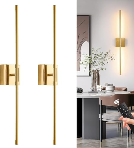 2 Pack Battery Operated Wall Sconces, Wireless 360°Rotate Wall Sconces with Remote Control Dimmable Timing, LED 3 Color Rechargeable Wall Lights for Living Room, Hallway, Bedroom (Gold A)
