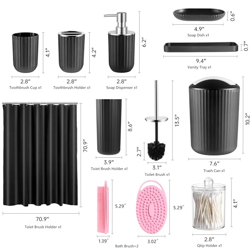 Bathroom Accessories Set, 12Pcs Black Accessory Sets with Body Scrubber, Shower Curtain, Trash Can, Toilet Brush & Holder, Soap Dispenser & Dish, Toothbrush Holder & Cup, Tray, Qtip Holder by FooGuila - Used condition - Image 7