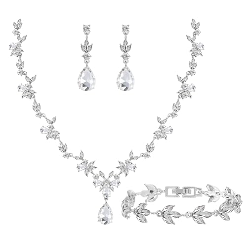 Bridal Wedding Elegant Floral Jewelry Set for Women/Brides/Bridesmaids Crystal Jewelry Set for Wedding Prom Party Bridal Crystal Necklace Earrings Bracelet Set