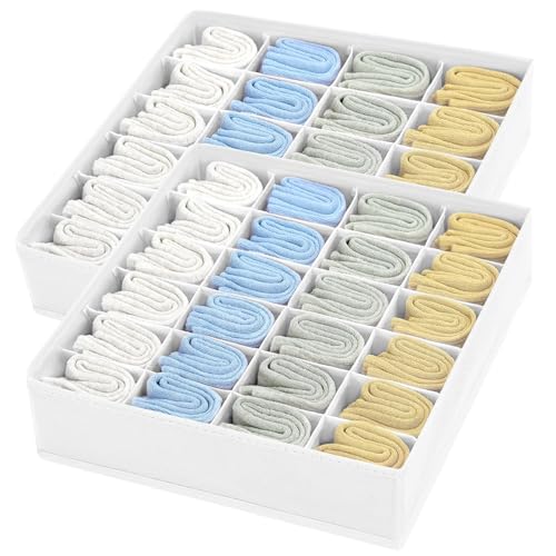 DIMJ Organiseurs de Tiroir pour Chaussettes - Lot de 2 Séparateurs de Tiroirs Organiseur de Sous-Vêtements Pliables avec 24 Compartiments, Boîtes de Rangement pour Vetements, Culotte, Blanc
