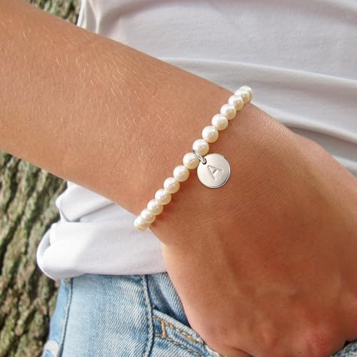 Image of Ursteel Pearl Initial Bracelet for Women - Gifts for Kids Teen Girls, Dainty Letter Pearl Bracelets for Women, Bridesmaid Proposal Wedding Bride Party Bridal Shower Gift