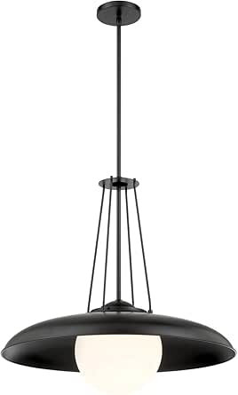 Minka Lavery 6405-66A Schooner Ridge Industrial Etched Opal Glass Orb with Metal Shade Pendant Light, 1-Light 100 Watt, 23" H x 24" W, Coal