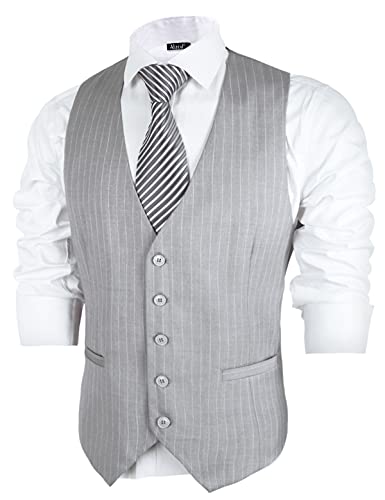 Image of Alizeal Mens Pinstripe Business Vest Formal Fit | V-Neck Bollar 5-Button Front Waistcoat for Suit Tuxedo and Formal Events