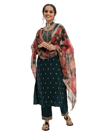 Varanga Women Green Embroidered Straight Kurta Paired With Tonal Bottom And Printed Dupatta.