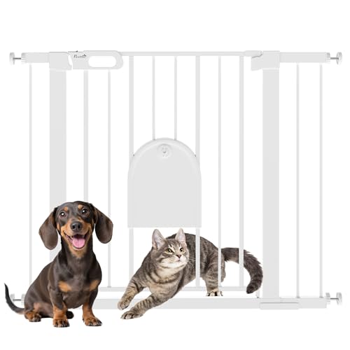 PawHut Cancellino per Cani Regolabile con Porta Piccola e Montaggio a Pressione, Barriera per Cani con Chiusura Automatica, 75-103x76 cm, Bianco